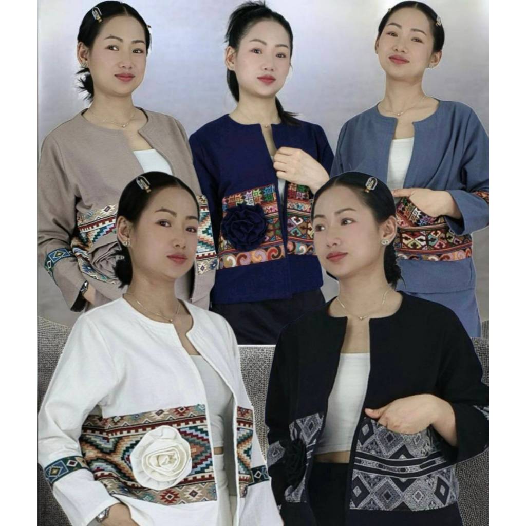 KIK PHA FAI.A53.  [ไม่ตกสี]เสื้อคลุมคอกลมผ้าฝ้ายญี่ปุ่นแต่งผ้าทอ