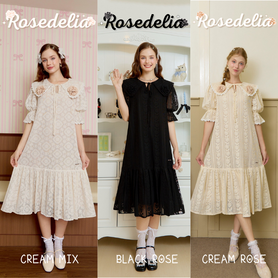 SOULMATE ROSEDELIA #SM4312 เดรสยาวผ้าลูกไม้ คอปกกุ๊นขอบลูกไม้ ปักดอกกุหลาบ3D แขนสั้นปลายกระดิ่ง