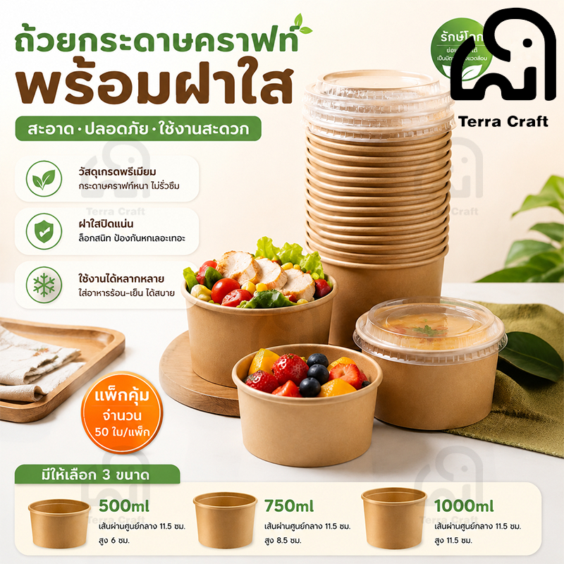 ถ้วยกระดาษคราฟท์ Terra Craft พร้อมฝา 500/750/1000ml กันน้ำ รับร้อนเย็น Food Grade ร้านอาหาร ข้าวกล่อง 50ชิ้น