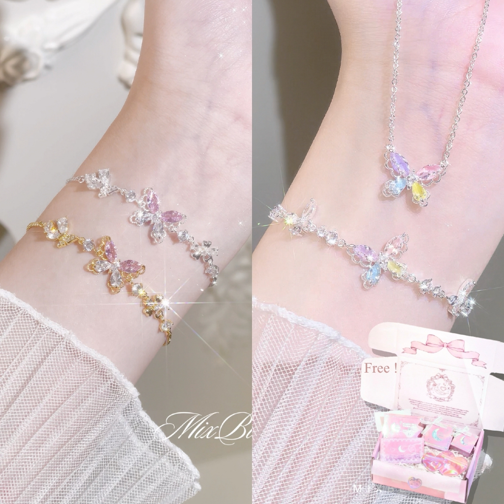 สร้อยคอ & สร้อยข้อมือ ทองเหลืองชุบหนาพิเศษ ♡ รุ่น FlowerFul ♡ - ดอกไม้ ผีเสื้อ พลอยหลากสี น่ารัก เพชร cz MixBlink
