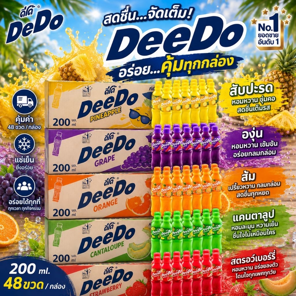 DeeDo ดีโด้น้ำผลไม้ 200 มล. ยกลังสุดคุ้ม 48 ขวด. ราคาส่ง