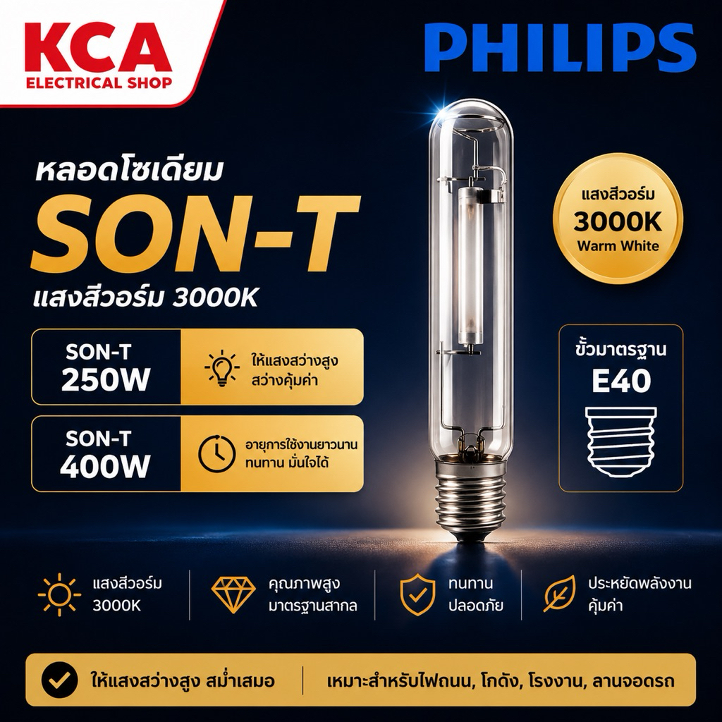 PHILIPS หลอดโซเดียม ทรงกระบอก SON-T 250W 400W ขั้ว E40 ต้องผ่านบัลลาส