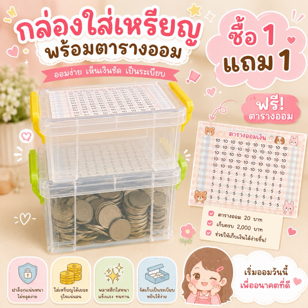 กล่องใส่เหรียญ 1 แถม 1 ฟรีตารางออมและสติ๊กเกอร์ตกแต่ง