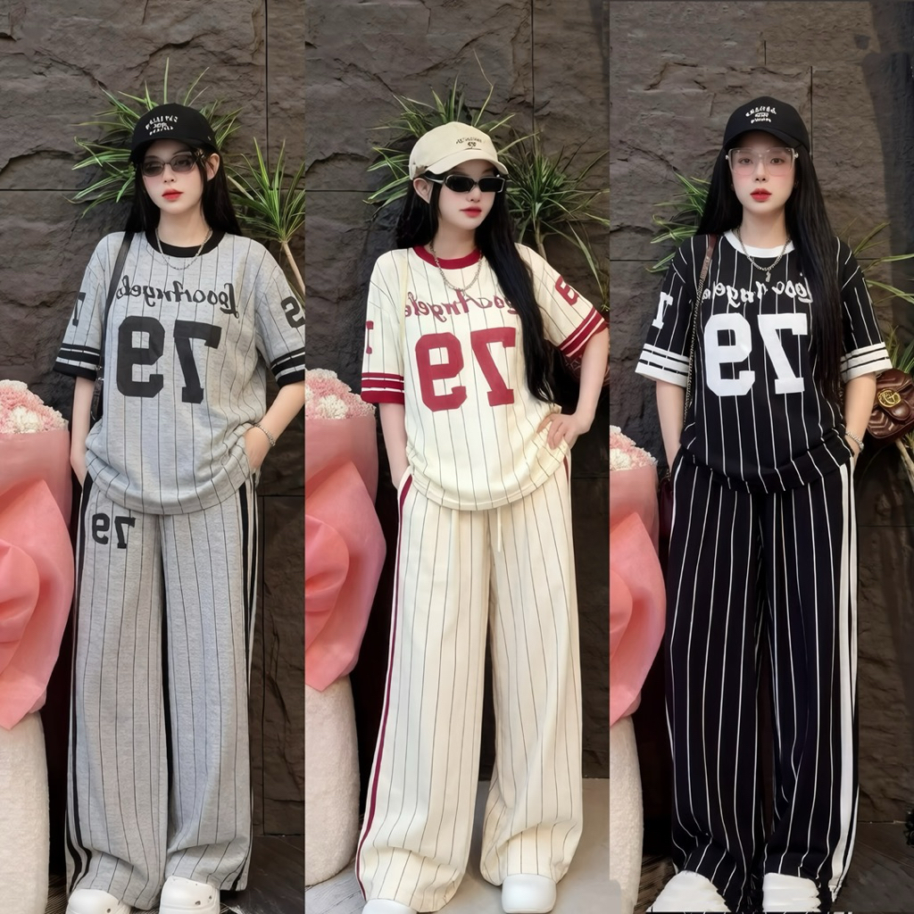 ชุดเซ็ท เสื้อคอกลมพิมพ์ลาย79 แต่งแถบ ฟรีไซส์ สาวอวบใส่ได้