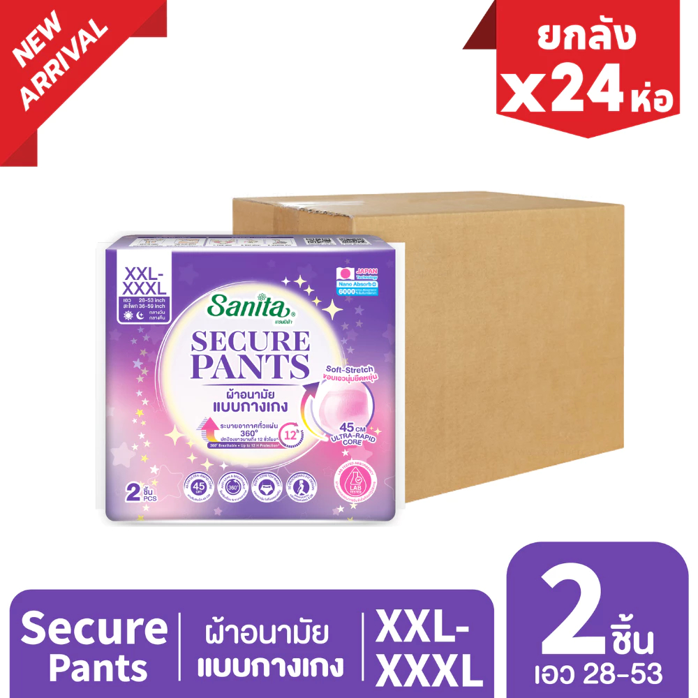 [ยกลัง 24ห่อ] Sanita SecurePants / ผ้าอนามัยแบบกางเกง (ไซส์ XXL-XXXL : 28-53 นิ้ว) 2 ชิ้น / ห่อ
