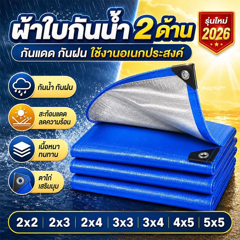 TURBO ผ้าใบกันฝนกันแดด PE เคลือบกันน้ำ 2 ด้าน มีตาไก่ ผ้าใบคลุมรถ อเนกประสงค์ ขนาด 2x2-3x4 ม