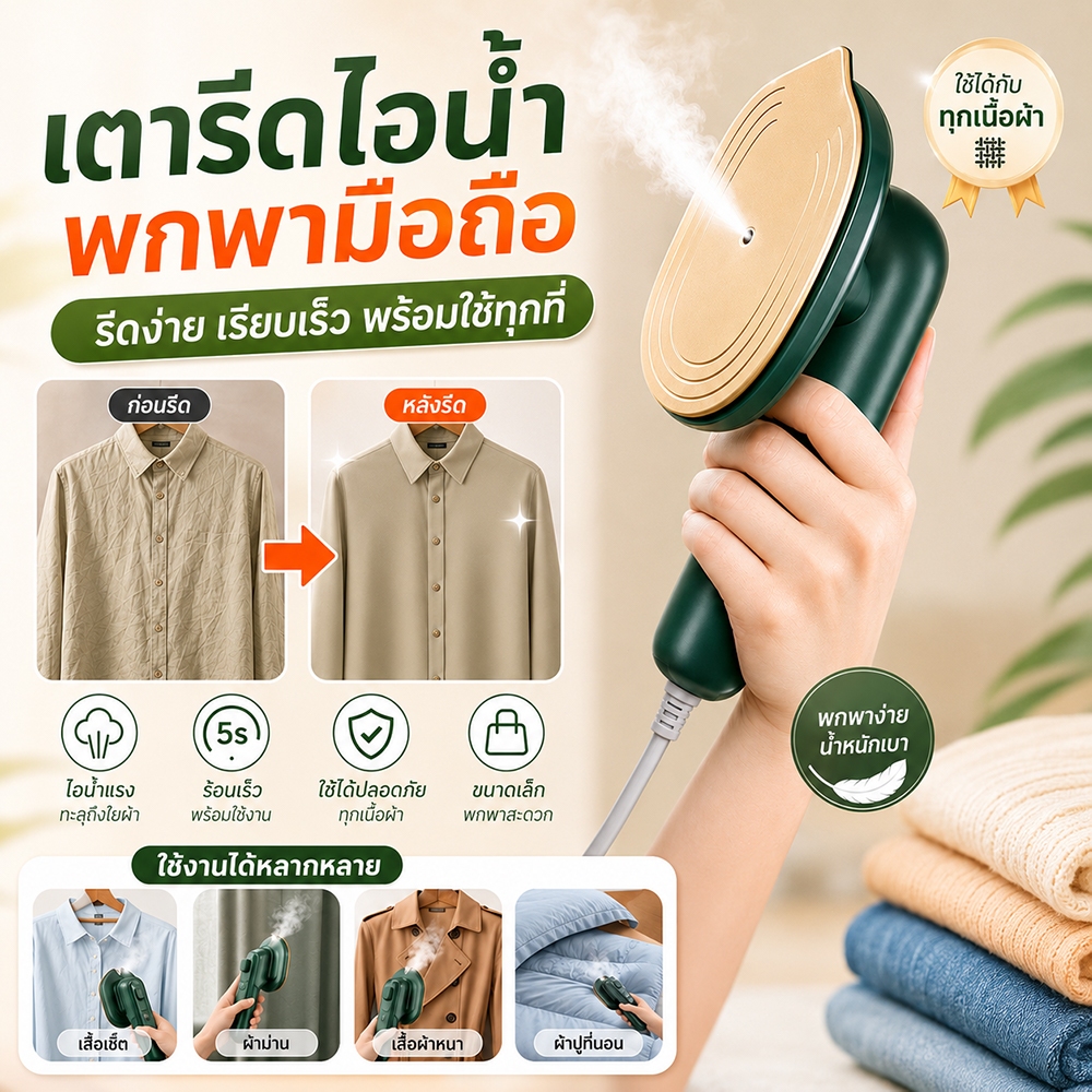 👚เตารีดไอน้ำพกพา มือถือ 2 In 1 อัตรากำจัดไรเชื้อรา99.99% ประกัน10 ปี รีดเร็ว รีดเรียบใช้ง่าย เปียกและแห้ง สำหรับเดินทาง