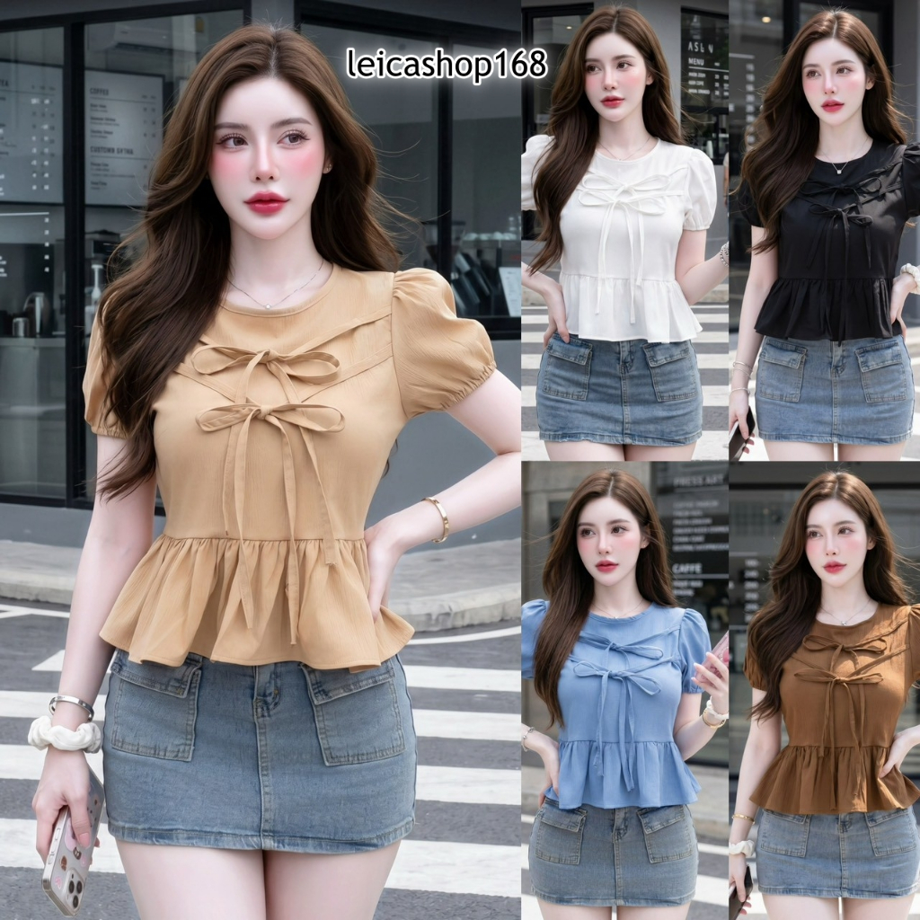 สินค้าพร้อมส่ง เสื้อแฟชั่น ผ้าครัช แขนตุ๊กตา ผูกโบว์หน้า ชายระบาย กระดุมหลัง แฟชั่นน่ารักๆ ใส่เที่ยว ใส่แมท LG330