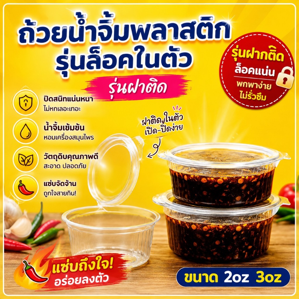 ถ้วยน้ำจิ้ม กล่องน้ำจิ้มมีฝาติด(50ชิ้น)มีฝา กล่องใส่พริกน้ำปลา รุ่นฝาติดกัน ใช้สำหรับใส่ ซอส น้ำจิ้ม น้ำพริก กล่องใส่ซอส