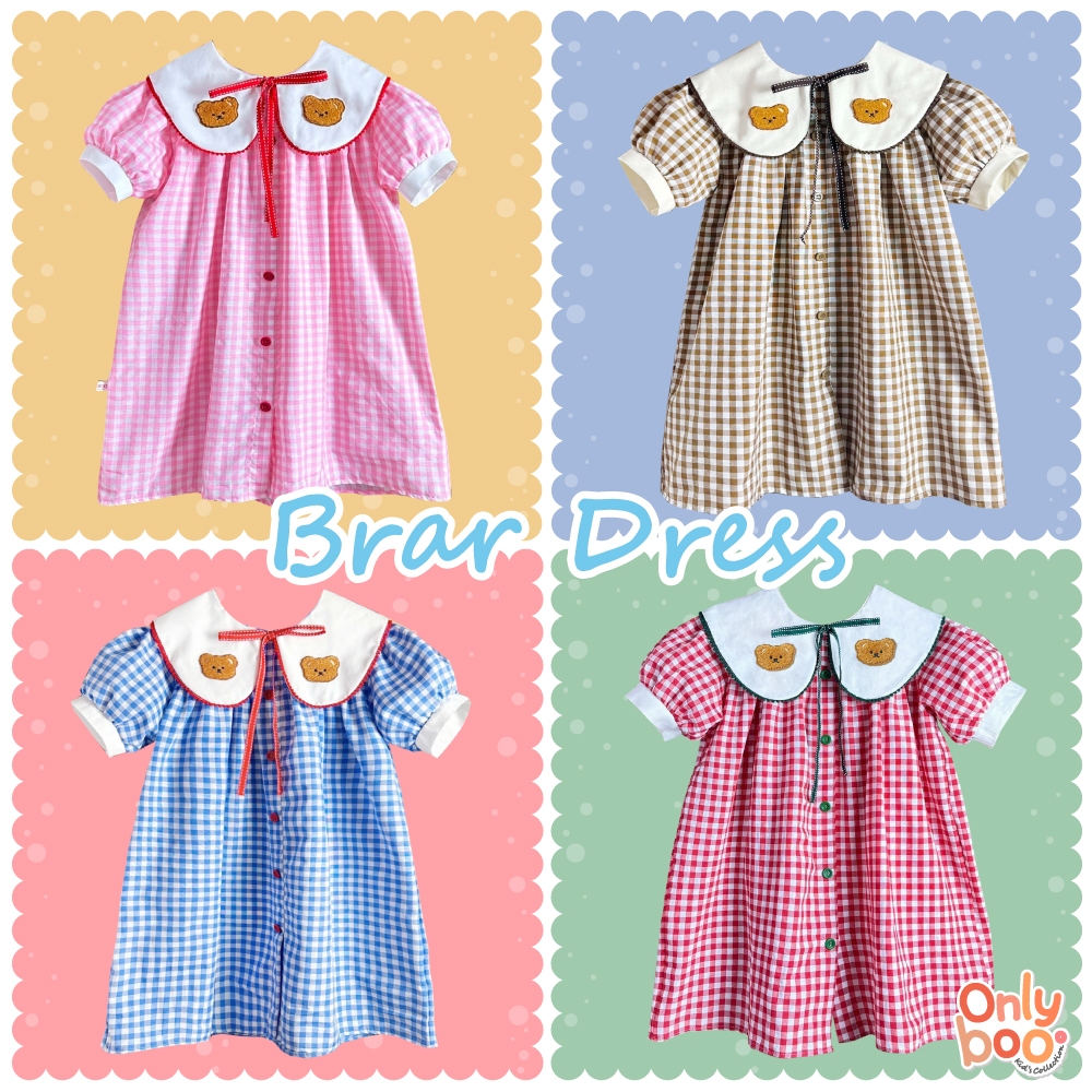 Bear Dress 🧸 ชุดเด็ก มินิเดรสลายสก๊อต คอบัวปักน้องหมี