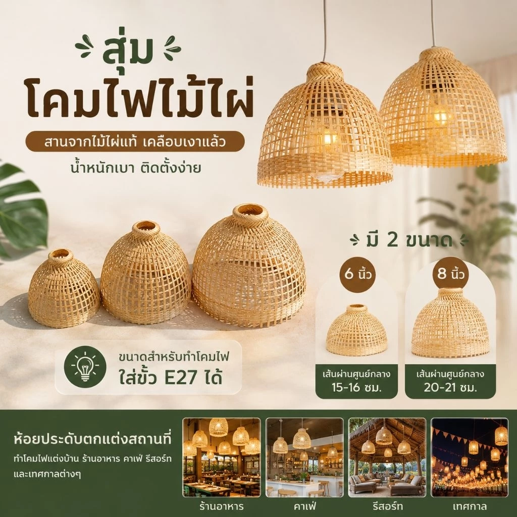 สุ่มโคมไฟไม้ไผ่ ขนาด6และ8นิ้ว ใส่กับหลอดขั้วe27ได้