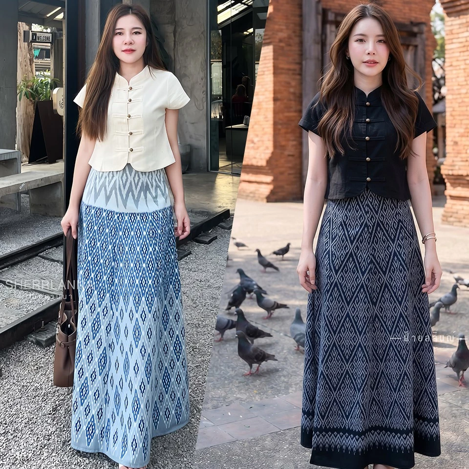 ชุดเซทเสื้อผ้าฝ้ายคอจีน กระโปรงลายไทยทรงย้วยงาน8ชิ้นตัวยาว