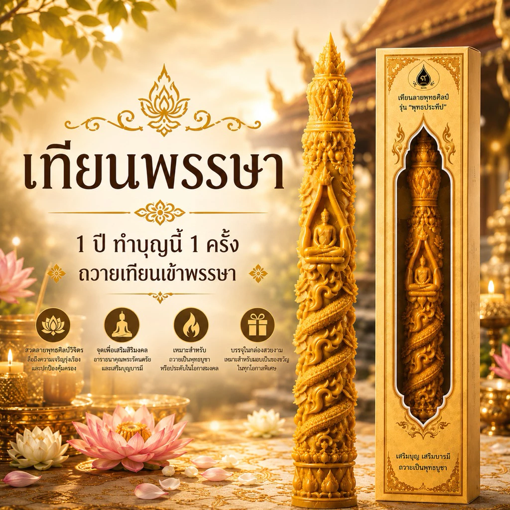 เทียนพรรษาลายไทย เทียนถวายพระ เทียนบูชาพระ