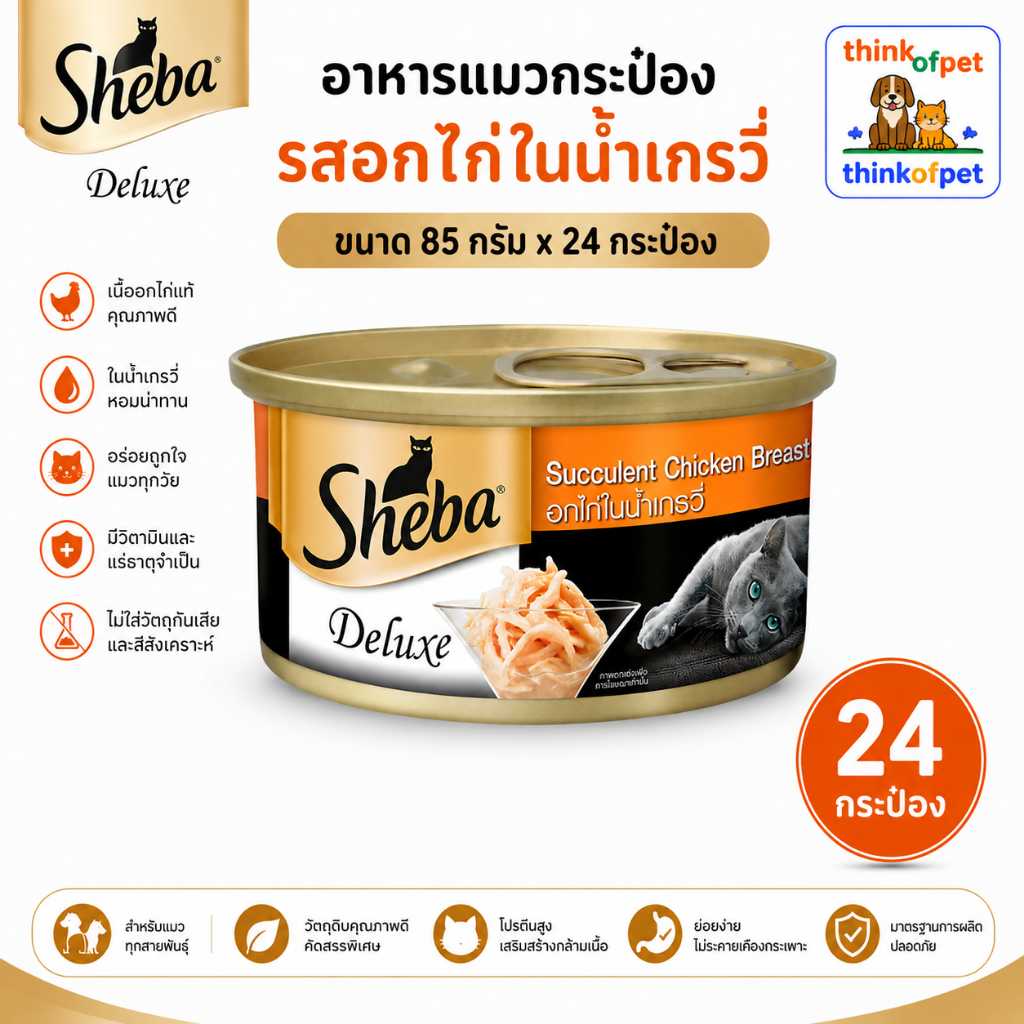 (แพ็คเกจเดิม) อาหารแมวเปียก ชีบา Sheba อกไก่ในเกรวี่  แบบกระป๋อง 85gx24 ยกลัง
