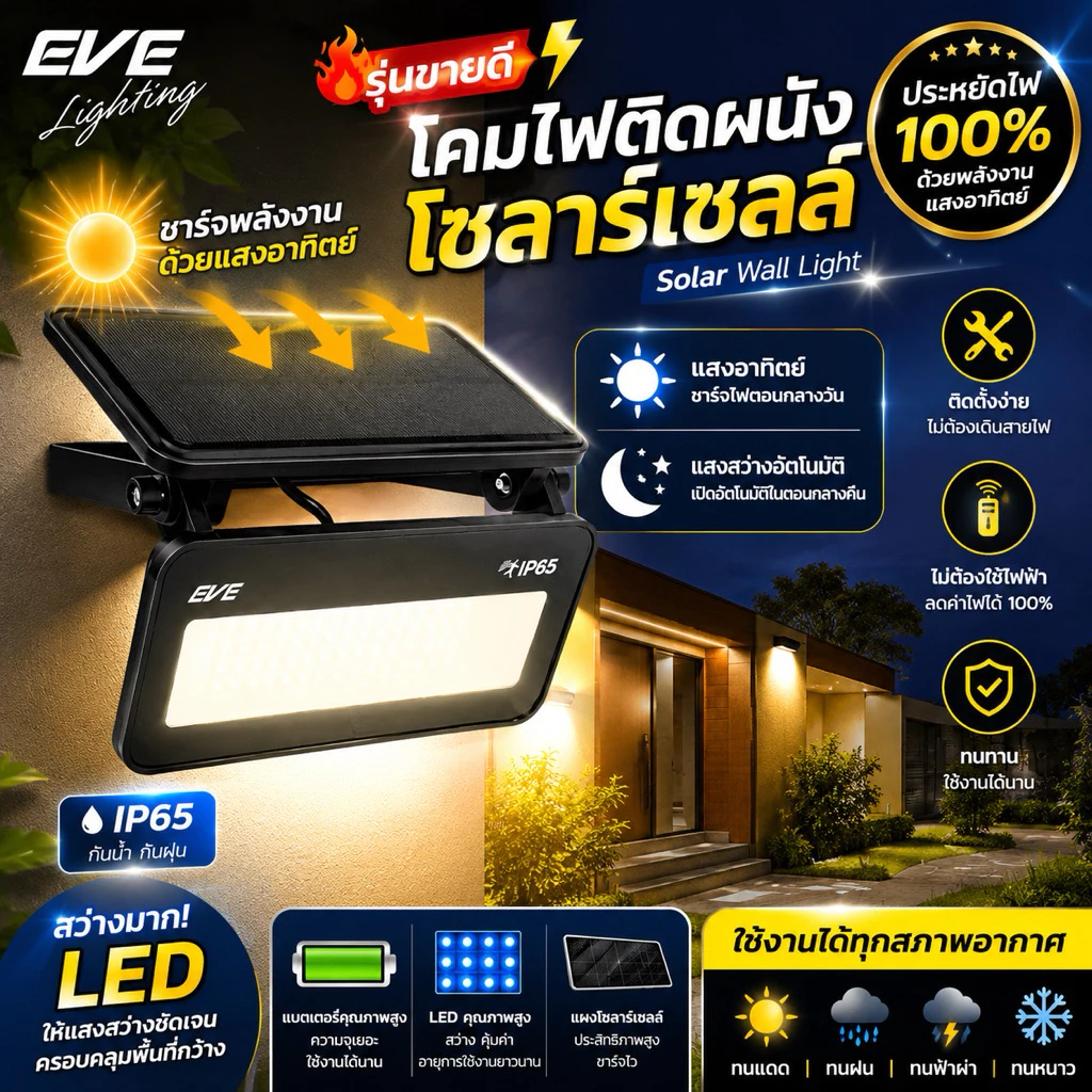 โคมติดผนังโซล่าเซลล์แอลอีดี รุ่นไบร์ท เปลี่ยนแสงได้ 3 สี มีMotion Sensor 50 วัตต์ EVE P65
