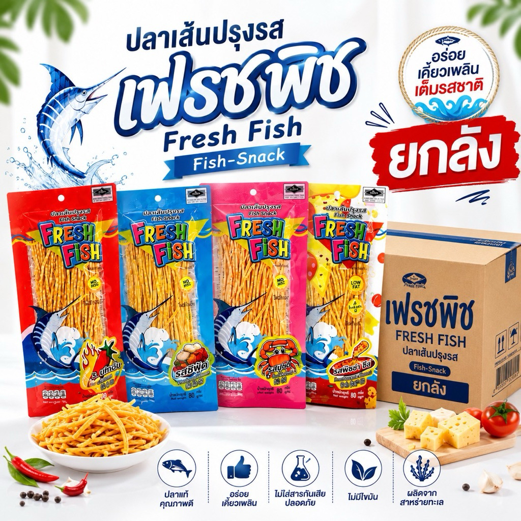 (ยกลัง)ปลาเส้น เฟรช ฟิช ขนาด 80 G มีให้เลือก 4 รสชาติ 1 ลัง มี 50 ห่อ