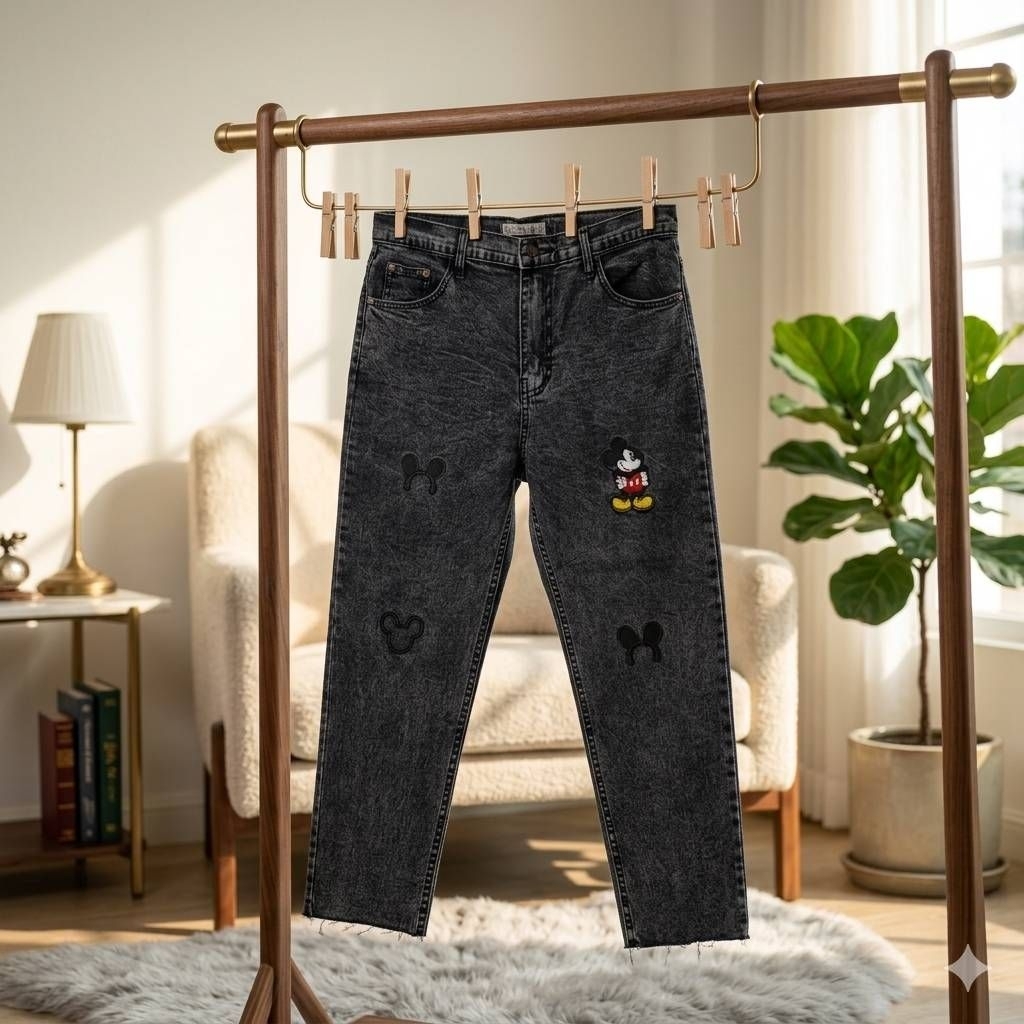 MD jeans กางเกงยีนส์ผ้ายืด งานปักมิกกี้ ปลายขาตัด เอว 34-44 ขา8ส่วน สาวอวบอ้วน