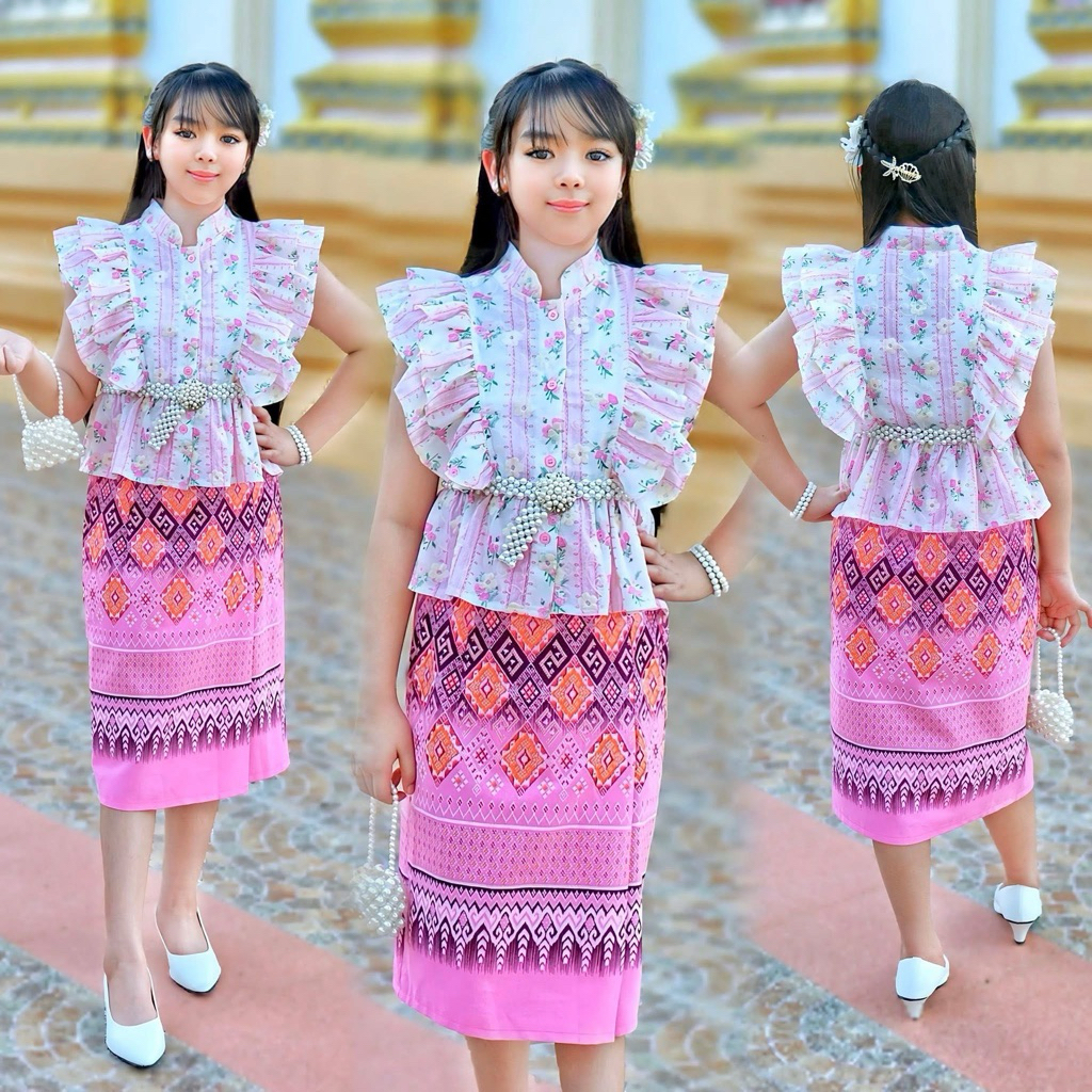 💕ชุดไทย กระโปรง+เสื้อแต่งระบาย ผ้าไม่คัน ทรงสวยใส่สบาย
