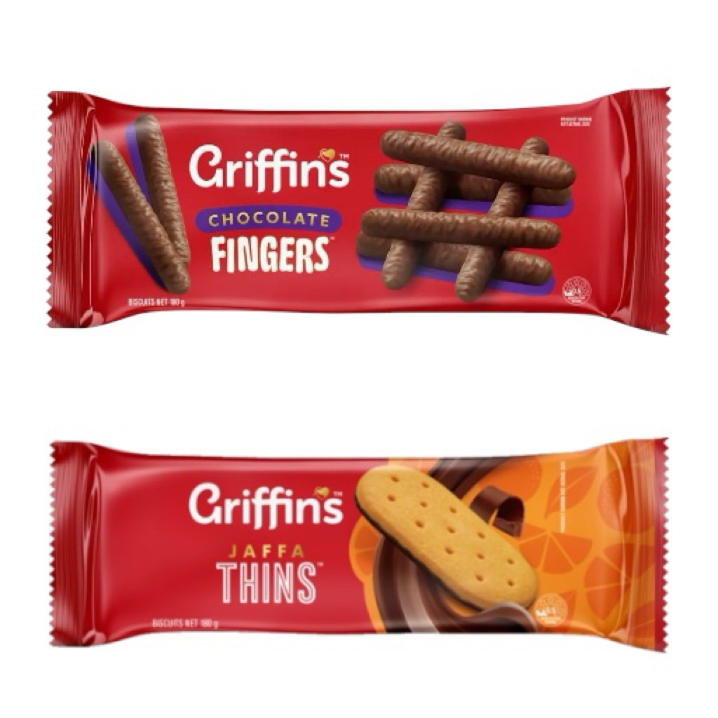 T กริฟฟินส์ บิสกิตเคลือบช็อกโกแลตและรสส้ม Griffin's Chocolate Fingers & Jaffa Thins 180gบิสกิตอบกรอบ