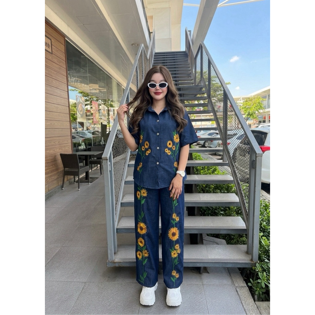 A1564 ชุดเซต เสื้อ+ กางเกงขายาวยีนส์ ปักดอกทานตะวัน