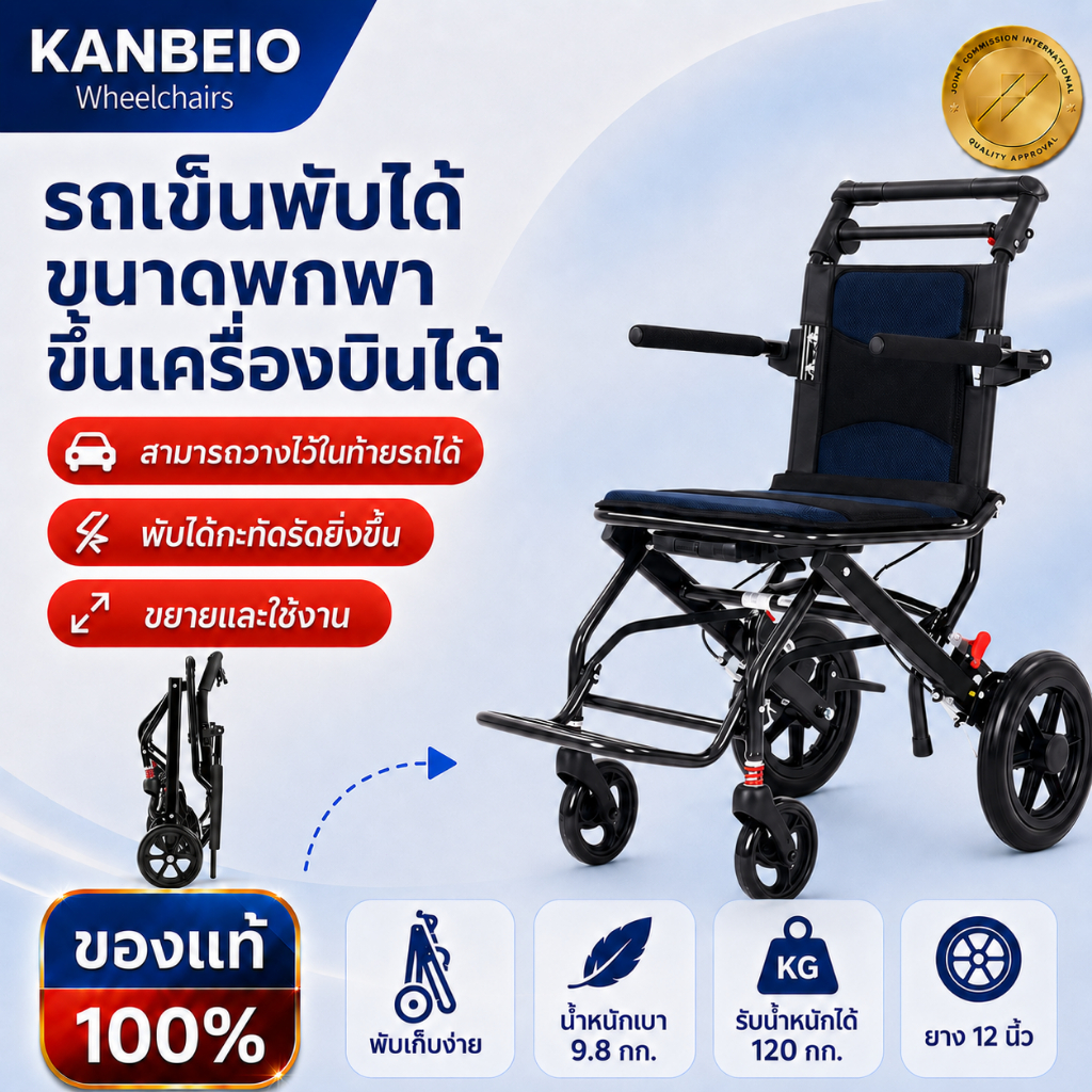 รถเข็นผู้สูงอายุ KANBEIO พับได้ น้ำหนักเบา พกพาง่าย ใส่ท้ายรถได้ ล้อใหญ่ 12 นิ้ว เบรกปลอดภัย