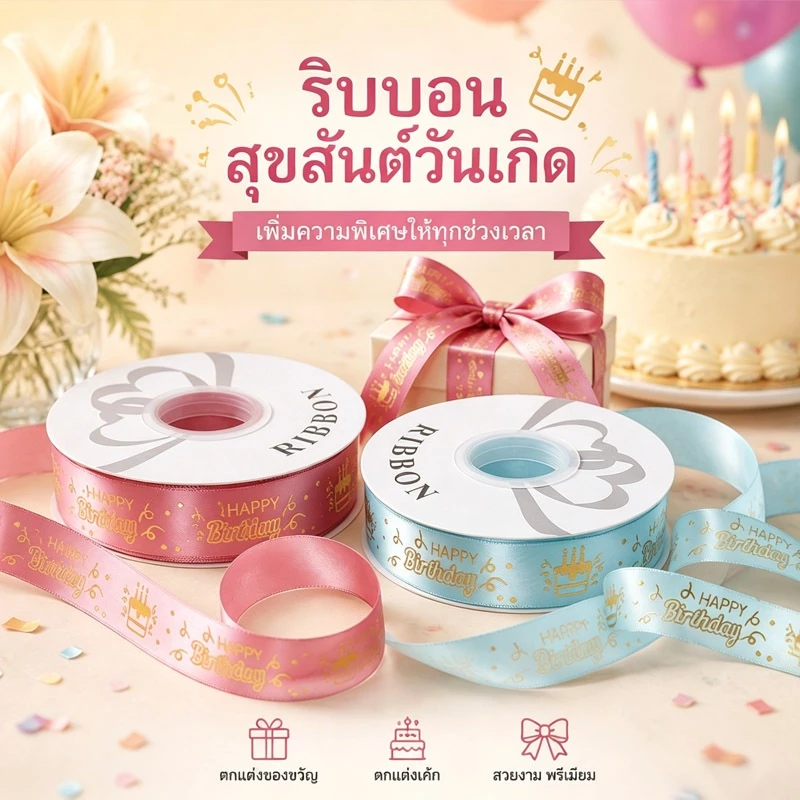 ส่งจากกรุงเทพ ริบบอนวันเกิด ซาตินปั๊มทอง หลายสี สวยหรู ตกแต่งเค้ก ดอกไม้และของขวัญ