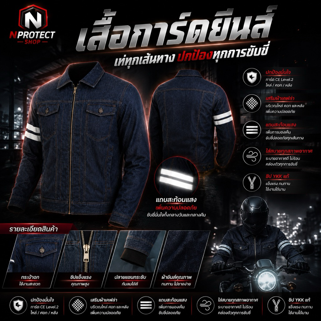 เสื้อการ์ดยีนส์ JACKET DENIM แถบสะท้อนแสง รุ่น Full Option (มีของพร้อมส่งทันที)