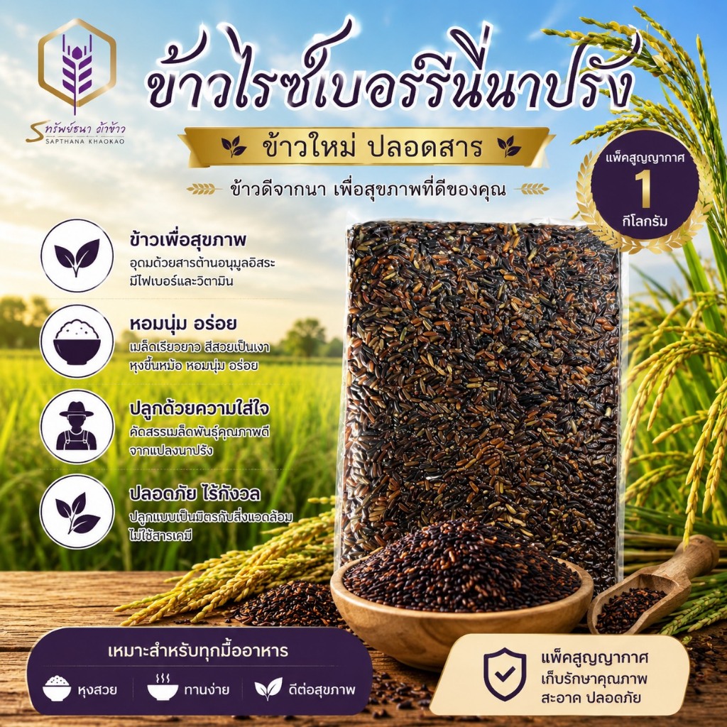 ตราทรัพย์ธนา ข้าวไรซ์เบอร์รี่นาปรังเพื่อสุขภาพ แพค1กิโลกรัม