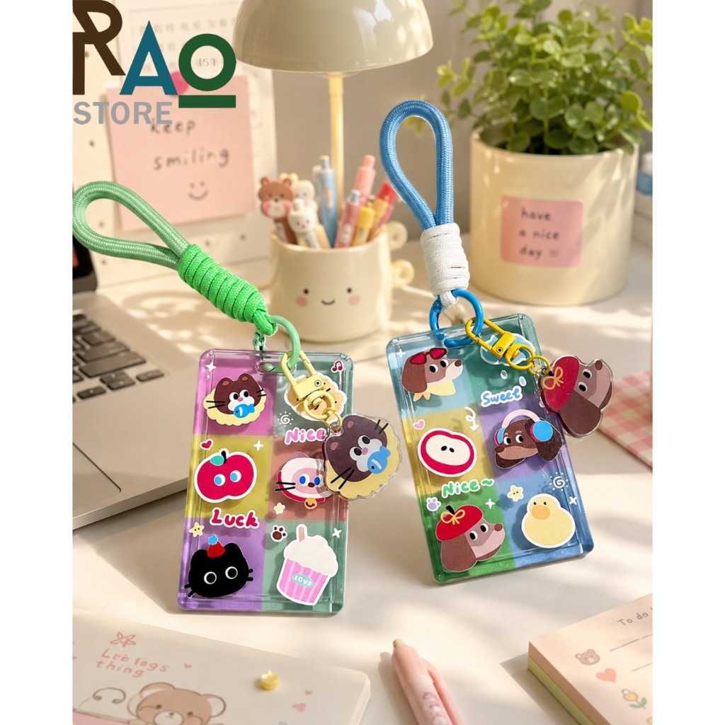 RAO Store พร้อมส่ง ที่ใส่บัตรพนักงานลายการ์ตูนหมาแมวน่ารัก เป็นพลาสติกใส ใส่รูปภาพได้ คีย์การ์ด มีสายคล้อง