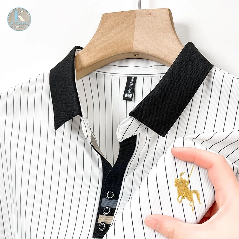 kcloset - เสื้อโปโลผู้ชายแขนสั้นลายทางสไตล์ลำลอง ทำจากผ้าไหมน้ำแข็ง