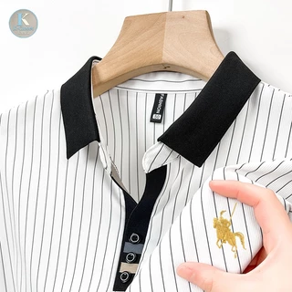 kcloset - เสื้อโปโลผู้ชายแขนสั้นลายทางสไตล์ลำลอง ทำจากผ้าไหมน้ำแข็ง