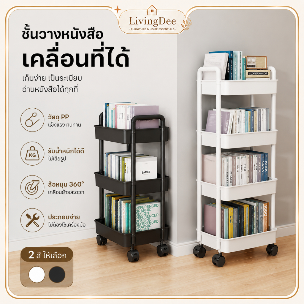 พร้อมส่ง ชั้นวางหนังสือพลาสติก PP มีล้อเลื่อน 360° เคลื่อนย้ายสะดวก รับน้ำหนักดี ประกอบง่าย มี2สีขาว ดำ