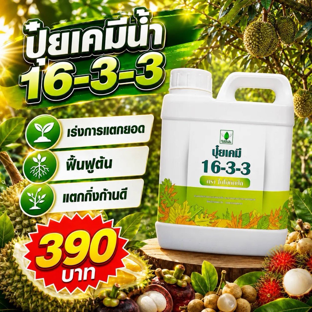 ปุ๋ยเคมีชนิดน้ำ 16-3-3 พี่คิงส์ กระตุ้นการแตกยอดใหม่ ยอดแตกเสมอใช้ได้ทั้งทุเรียนเล็กและทุเรียนที่ให้ผลผลิตแล้ว
