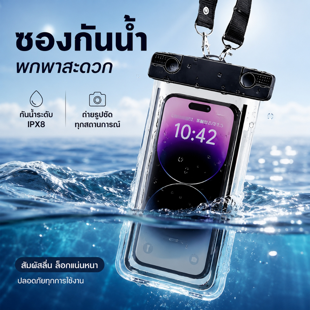 ซองกันน้ำโทรศัพท์ IPX8 สัมผัสหน้าจอ ถ่ายรูปใต้น้ำ รองรับ7.2นิ้ว มีสายคล้องคอ ดำน้ำเที่ยวทะเล