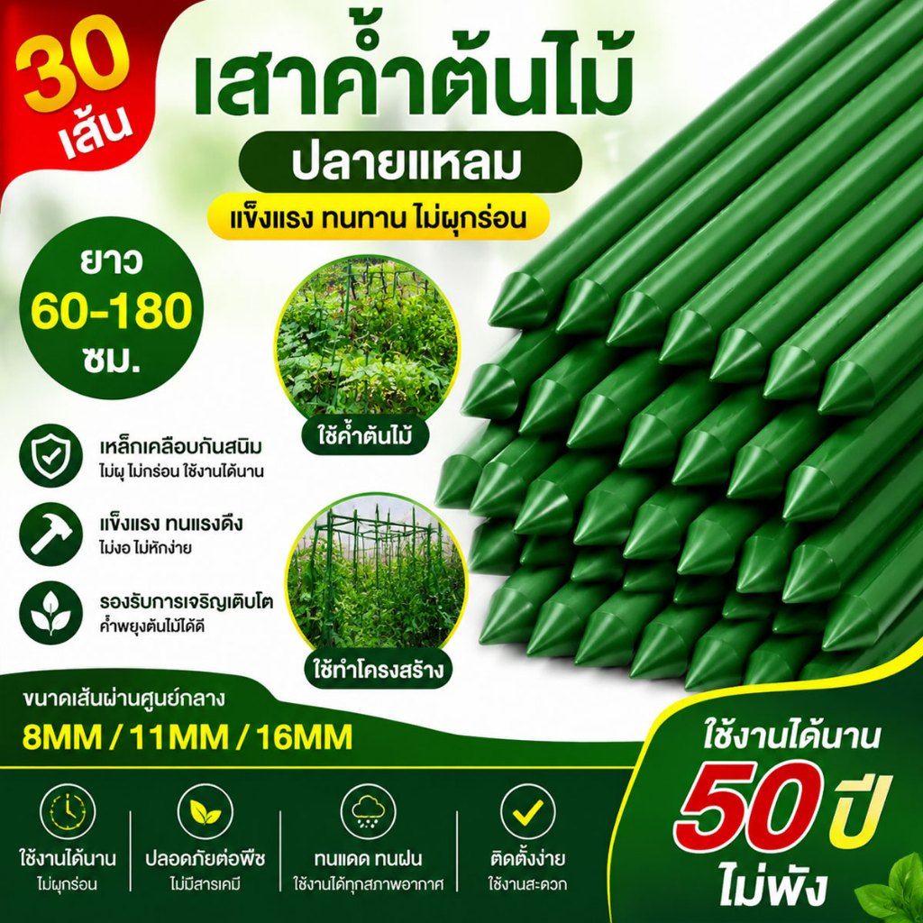 [ชุด 30 ชิ้น] ไม้ค้ำยันต้นไม้ ยาว 60-180ซม หนา 8-16มม.ไม้เสาไม้เลื้อย ไม้ค้ําต้นไม้ ค้างต้นไม้ ซุ้มต้นไม้ ท่อเหล็กPE