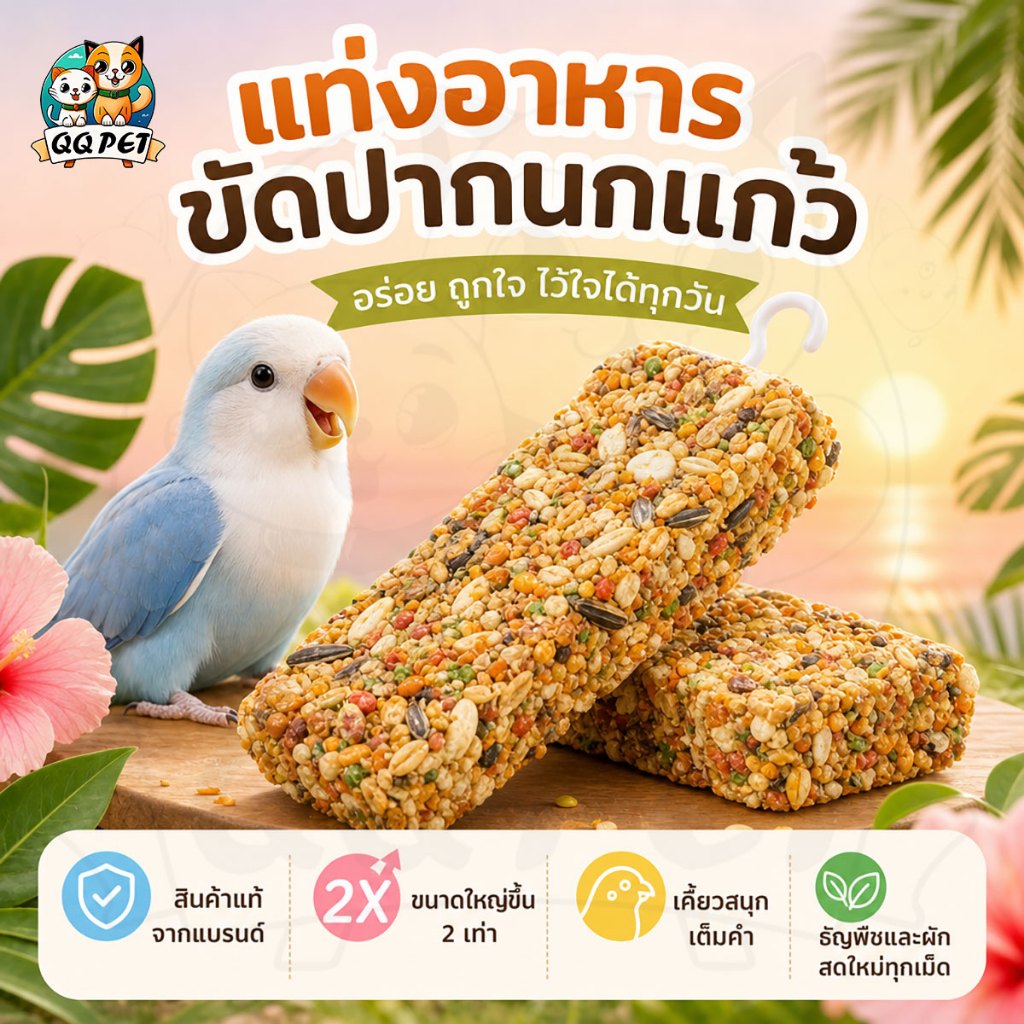 QQ ขนมแท่งธัญพืชสำหรับนก สูตรน้ำผึ้ง เคี้ยวเพลิน ลับปากได้ เหมาะสำหรับหงส์หยก