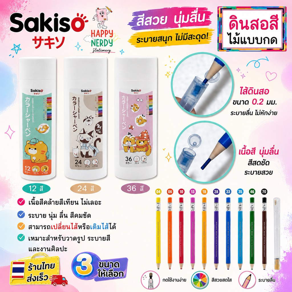 Sakiso ดินสอสีไม้แบบกด 12สี, 24สี, 36สี Mechanical Color Pencil ขนาดไส้ 2.0 มม. ระบายง่าย เติมไส้ได้ แถม!กบเหลาดินสอ