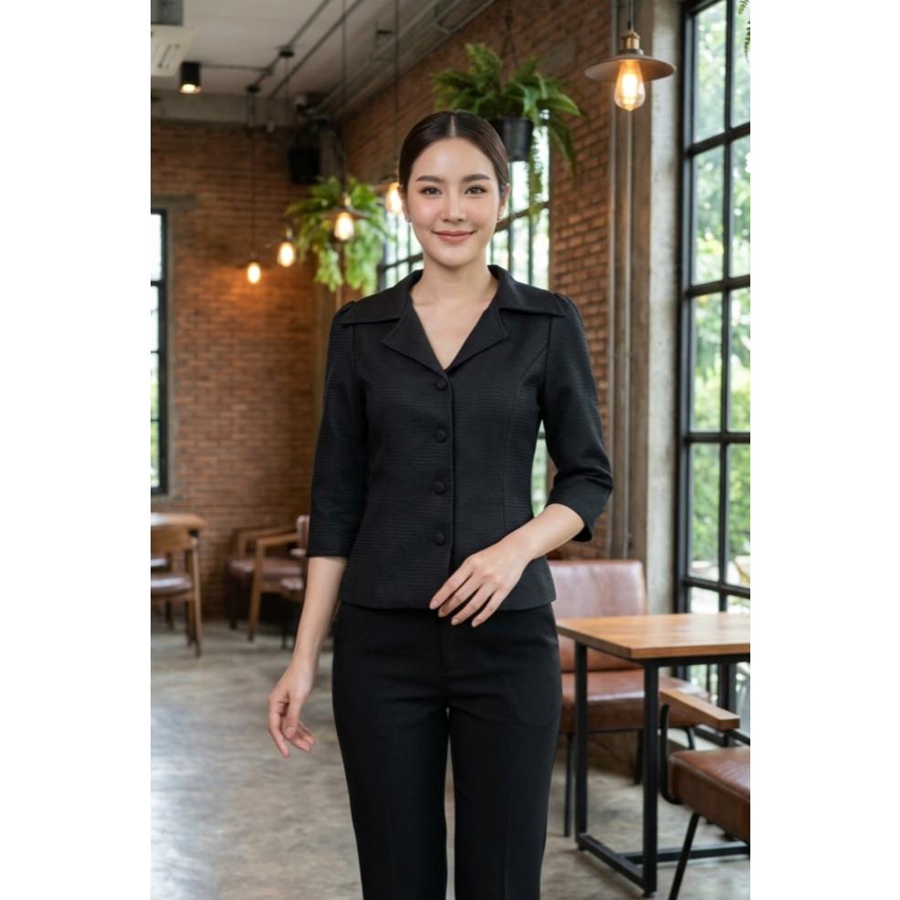 เสื้อผ้าฝ้ายเกล็ดแก้วคอปกกระดุมหน้าสีดำ (ป15)