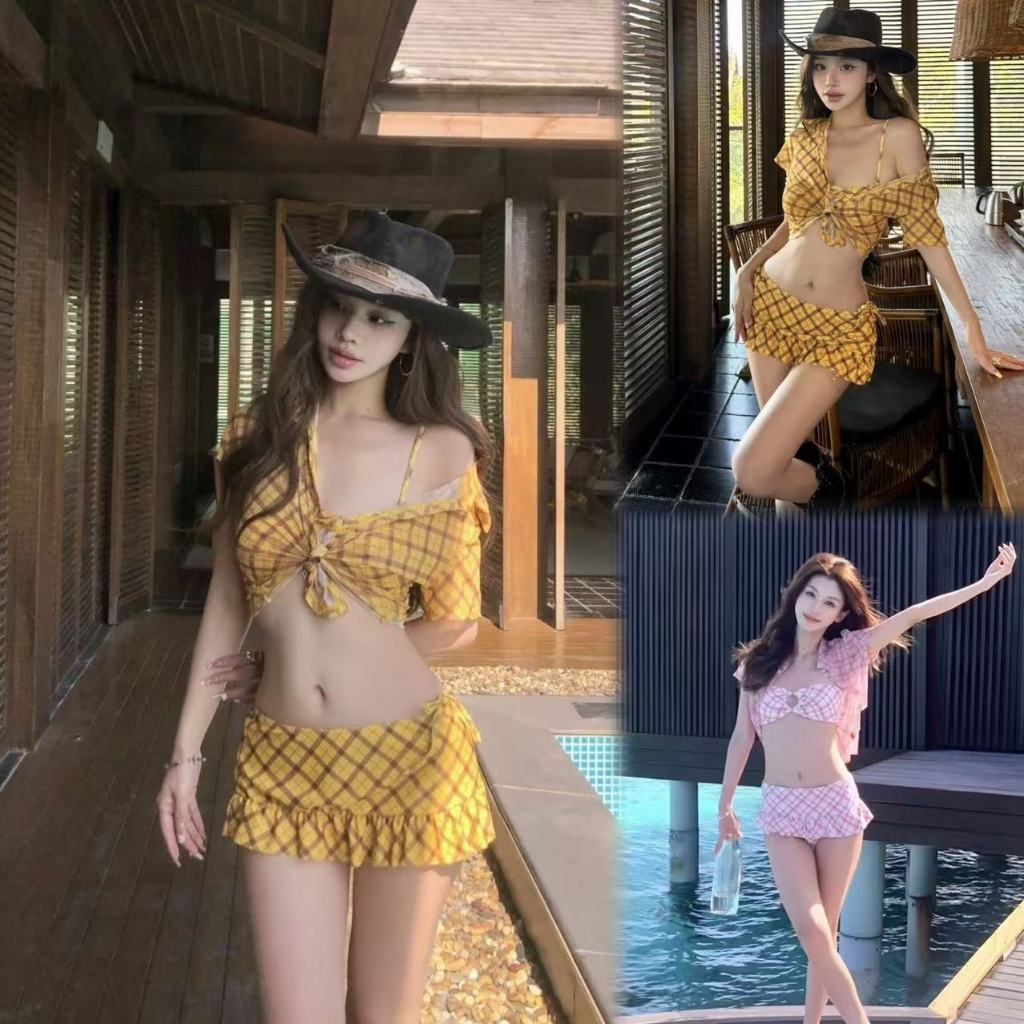 Swift Bra ชุดบิกินี่ 4 ชิ้น ชุดว่ายน้ำผู้หญิง ลายตารางหมากรุก เปิดไหล่ สไตล์ญี่ปุ่น รุ่นใหม่ summer