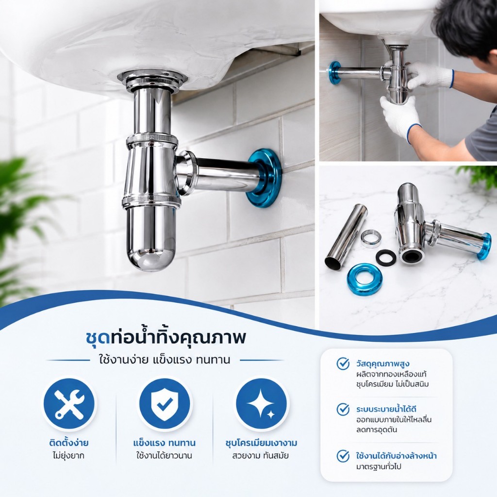 ท่อน้ำทิ้ง ทองเหลืองชุบโครเมี่ยม ATTA-808  (ชุดท่อน้ำทิ้งใต้อ่างล้างหน้า)  ทนทานต่อการใช้งาน และไม่เป็นสนิม