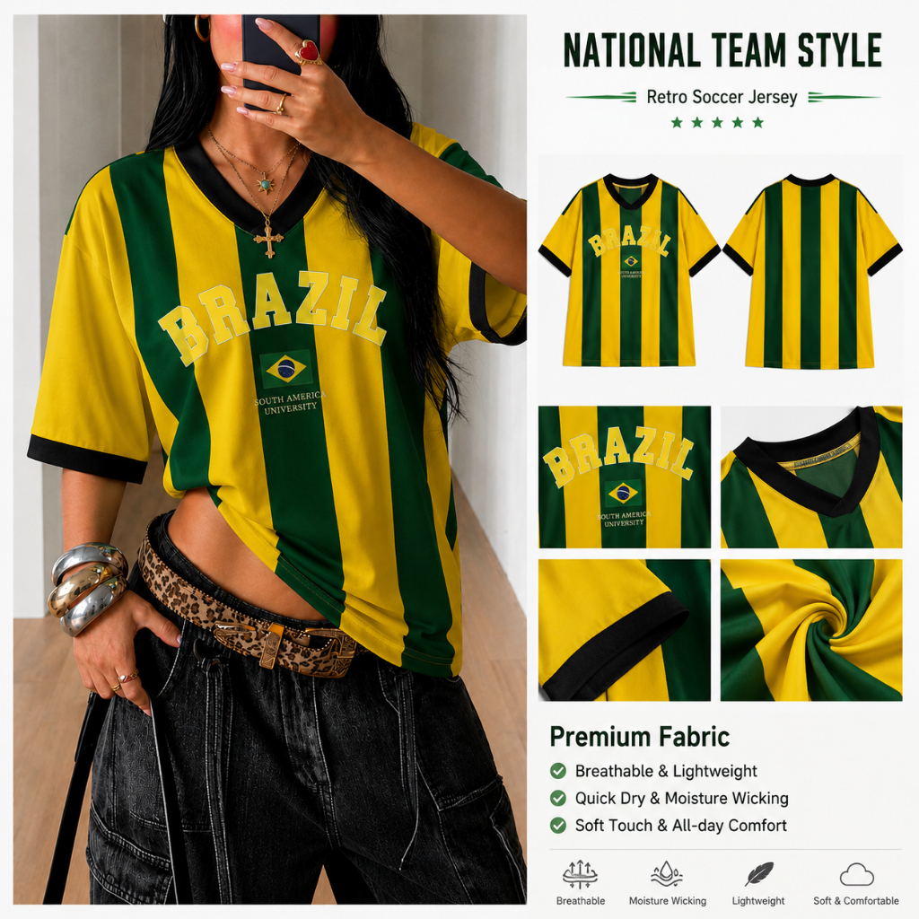 เสื้อฟุตบอลลายทางย้อนยุค #07 -หลวมคอวีสีฟ้าและสีขาวเสื้อผู้หญิงฟุตบอลลายหลวม #07 -ลําลองฤดูร้อนคอวีสีฟ้าและสีขาว