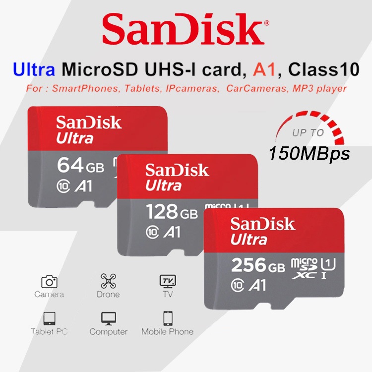 SanDisk Ultra microSD Memory Card A1 C10 with Adapter (32G/64GB/128GB/256GB/512GB/1TB)