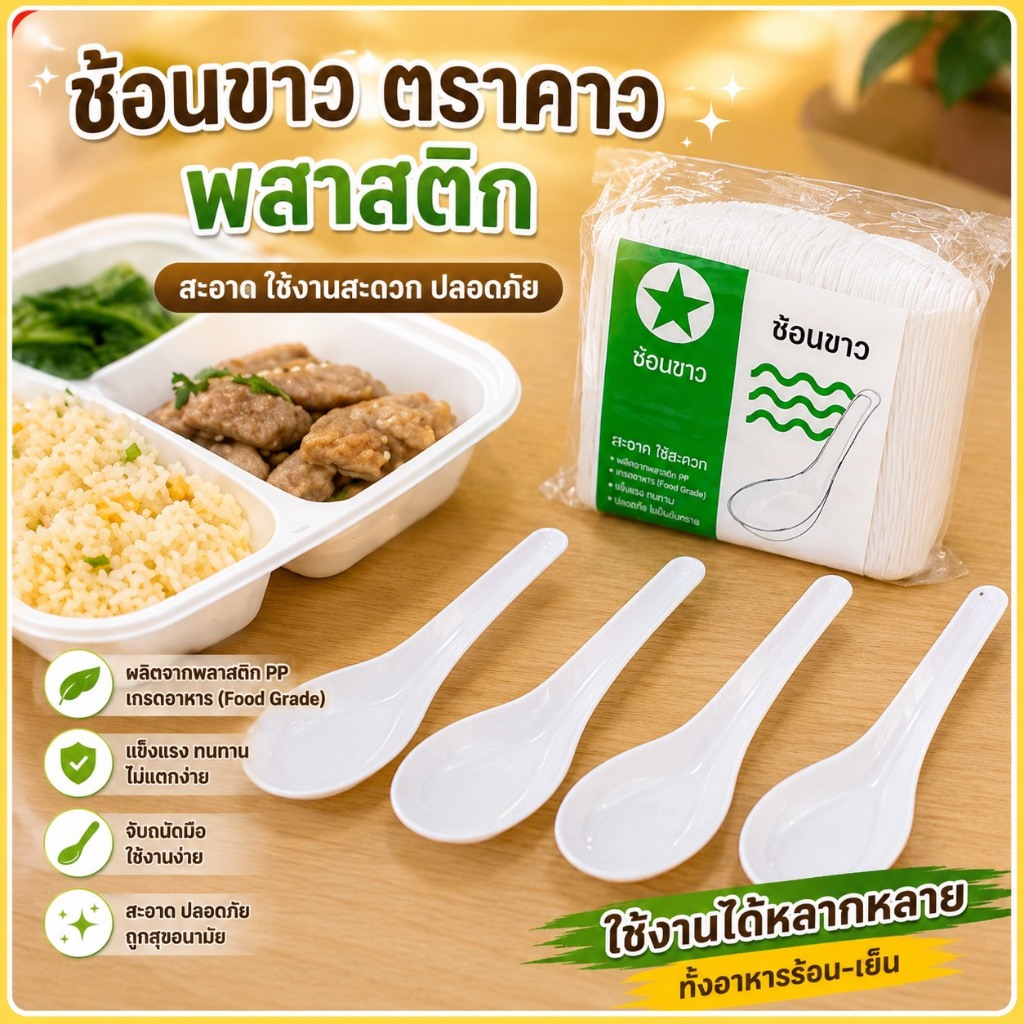 ช้อนพลาสติกตราดาว ช้อนขาว ช้อนกินข้าวแบบสั่้น 1 ห่อบรรจุ 100 คัน ช้อนข้าวพลาสติก แบบสั้น