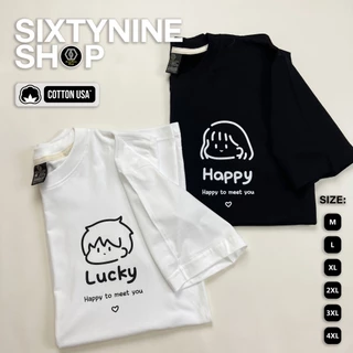 เสื้อยืดพิมพ์ลาย " Happy & Lucky " เสื้อคู่รัก เสื้อคู่ unisex ผ้าคอตตอน พร้อมส่ง