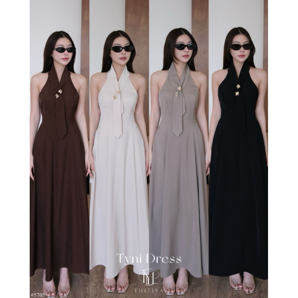Tyni (ไทนี่) #5705 Midi dress คล้องคอ กระดุมหลัง ดีไซน์แต่งเนคไทน์แฟชั่นอะไหล่ทอง Thitiya