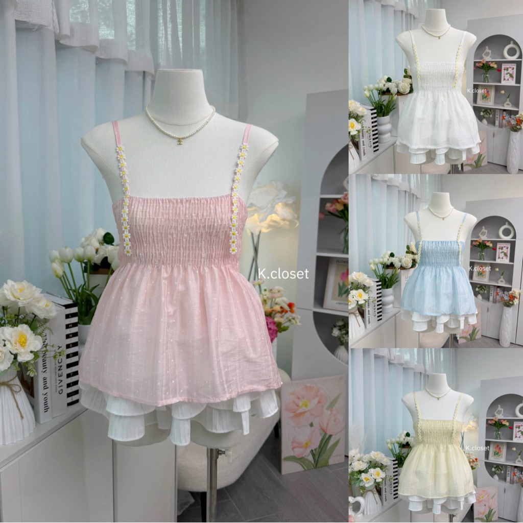 เสื้อสายเดี่ยวแต่งดอกเดซี่ สม็อคอก ชายระบายหวาน สีหวานโทนพาสเทลง