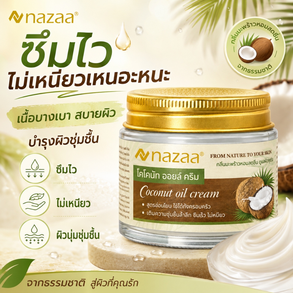 NAZAA Coconut Oil Cream ครีมบำรุงผิวมะพร้าว เติมความชุ่มชื้น ฟื้นฟูผิวแห้ง ซึมไว ไม่มันผิว