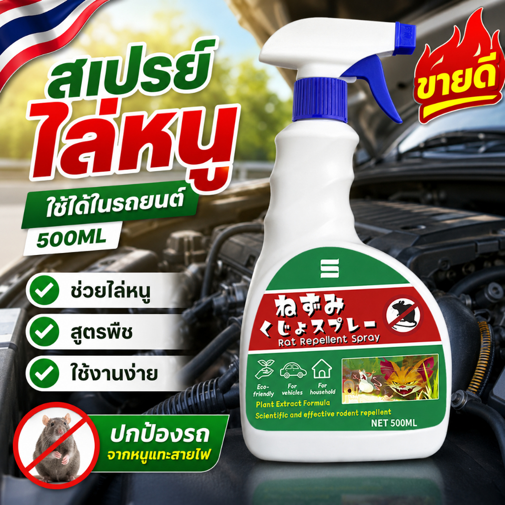 สเปรย์ไล่หนู 500ml สูตรพืช ใช้ได้ในรถและในบ้าน ไล่หนูห้องเครื่องรถยนต์ น้ำยาไล่หนู พร้อมส่งไทย