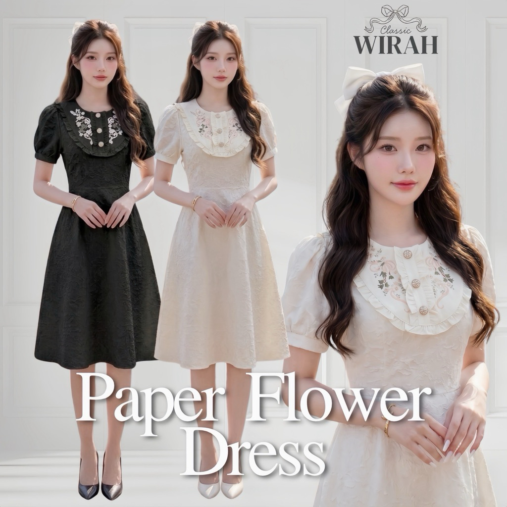 DW514 Paper Flowers Dress ชุดเดรสสั้นทรงเข้ารูป ผ้าเบิร์นเอาท์ลายดอกไม้ คอกลมตัดต่อด้านหน้าตัวยูแทรกระบาย