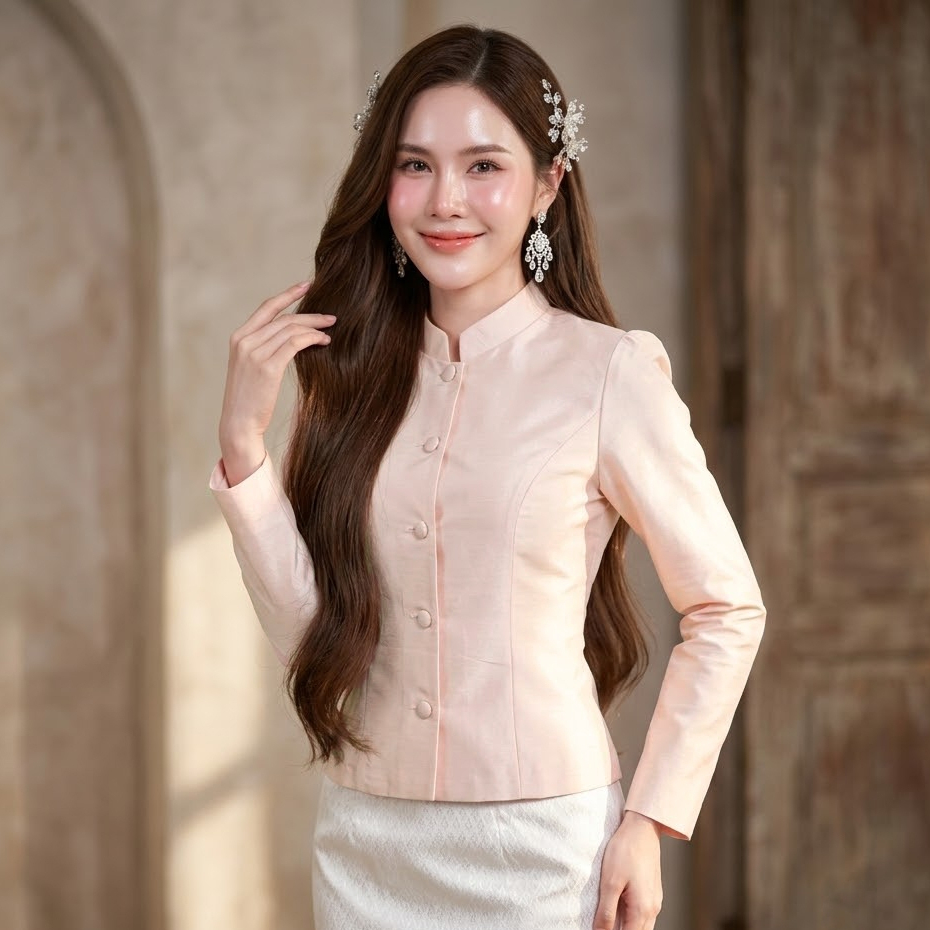 เสื้อจิตลดาไหมสี่เส้น สีนู้ด คอจีนแขนยาว เสื้อชุดไทยสุภาพ เสื้อไซส์ใหญ่ อก34-46นิ้ว [M1]